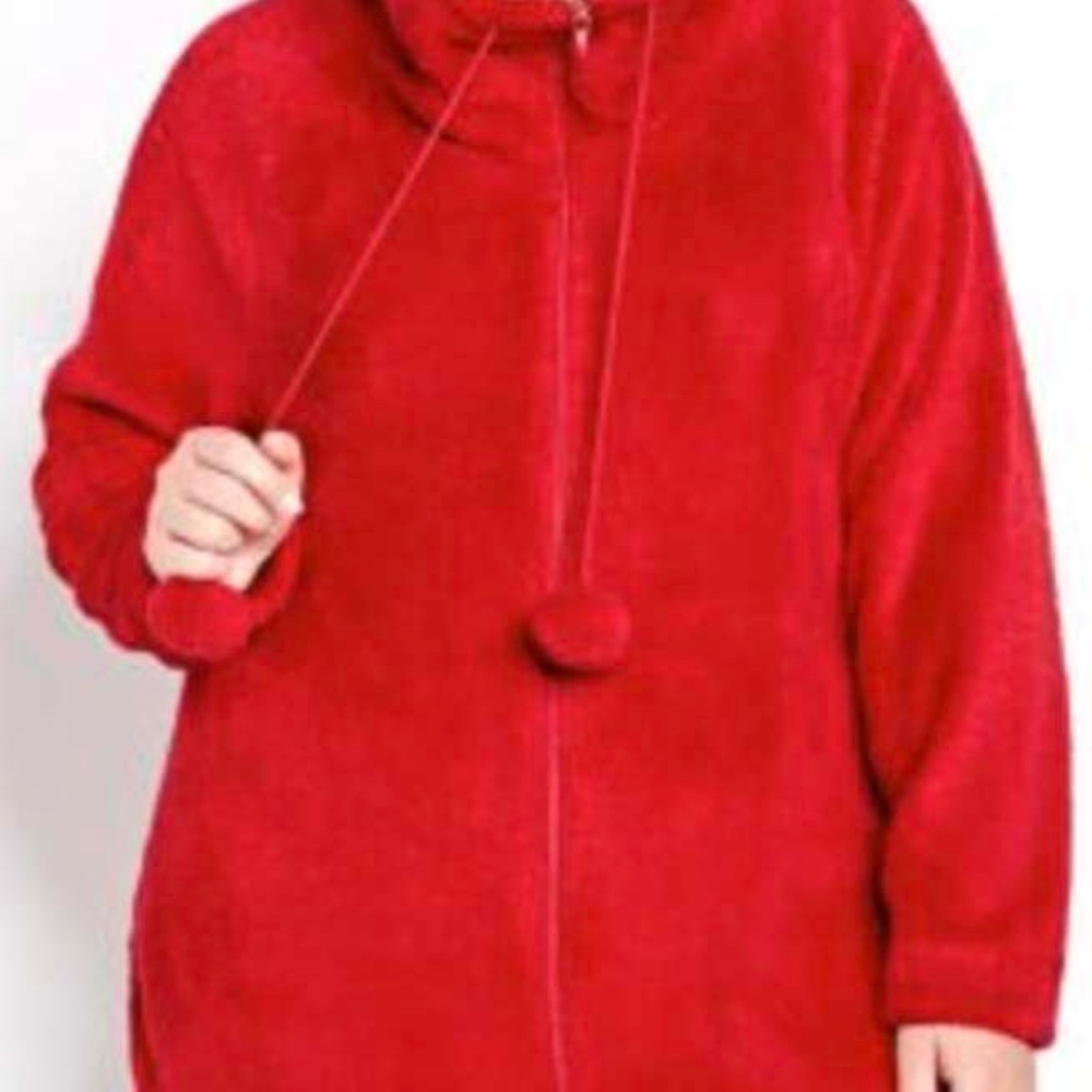CARDIGAN, FLEECE, FIRE RED, SIZE 4X, ZIPPER FRONT, DRAWSTRINGS WITH POM POMS,